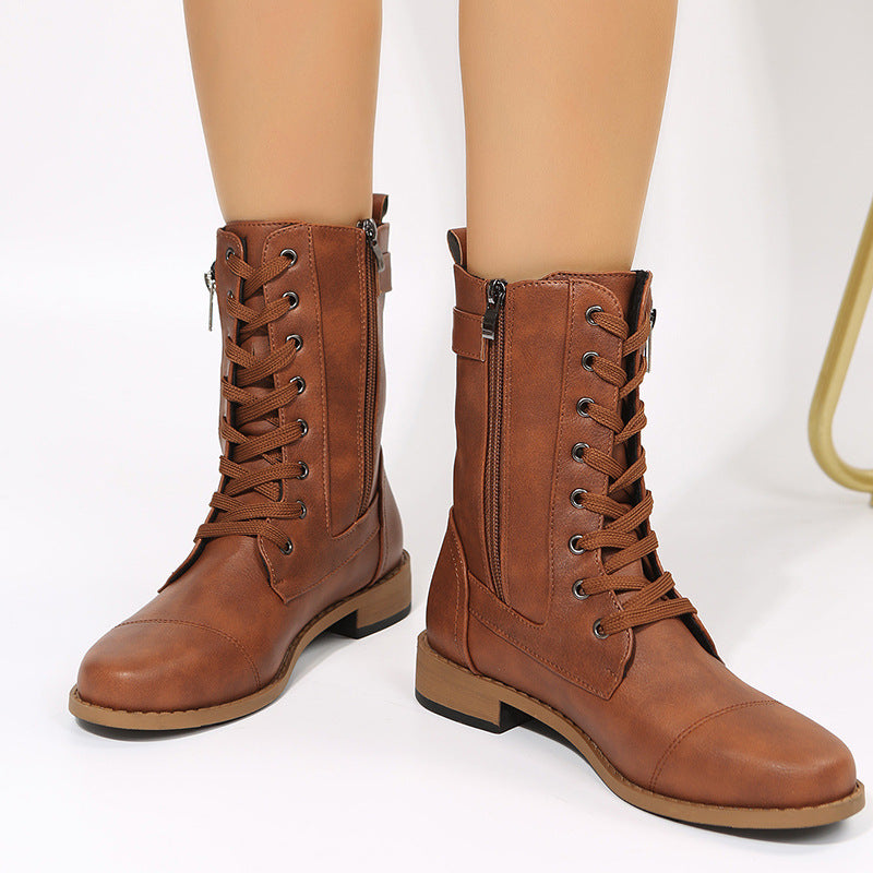 Lace-up Western Boots Cowboy Boots Women Side Zipper Shoes