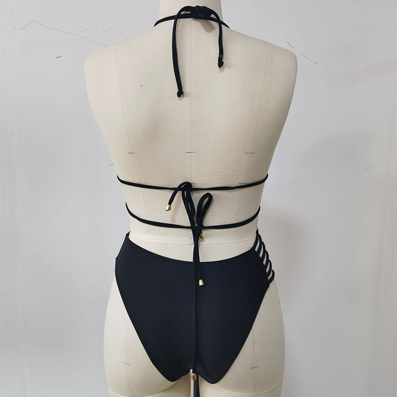 Two-piece Halter Neck Bikini Leopard Print Cut out Strap Swimsuit Set Summer Beach Women's Clothing