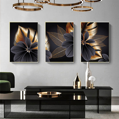 Tropical Plant Black Gold Big Leaf Triptych Decorative Painting Frameless Painting Core