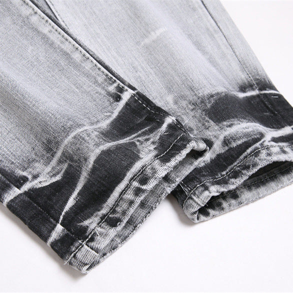 European And American Street Youth Slim Stretch Hole Patch Embroidery Grey Skinny Pants