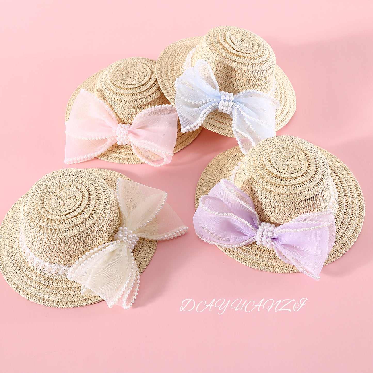 Pet Cat Lady Straw Hat Pearl Bow Woven