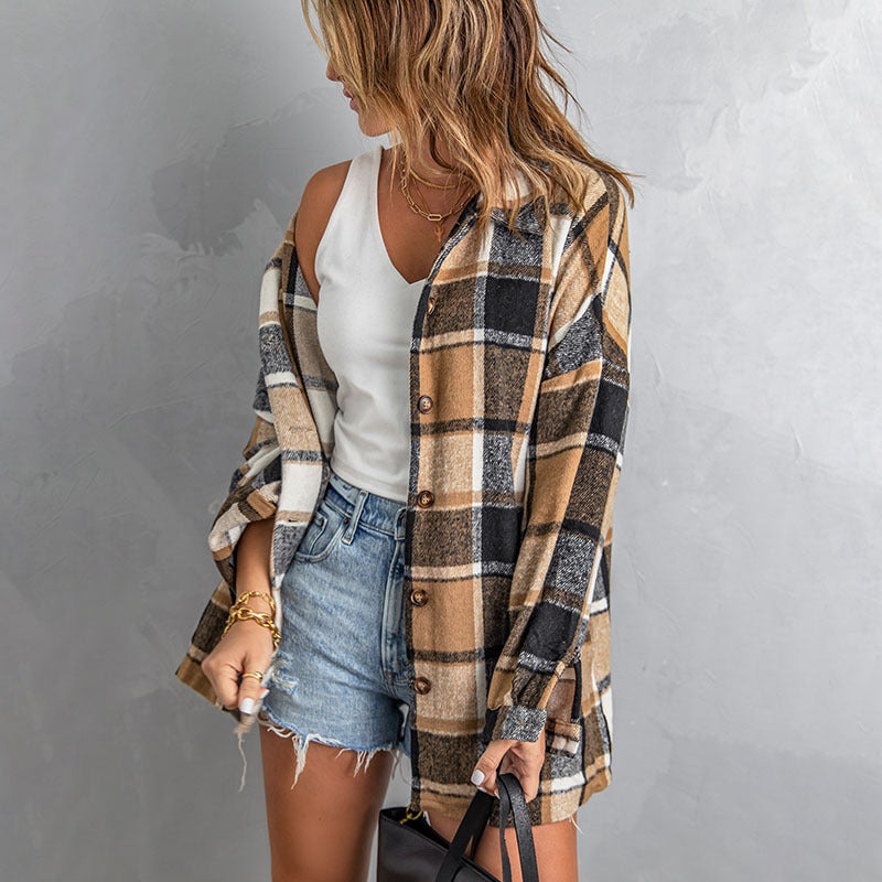 Women's Long-sleeved Lapel Button-breasted Plaid Shirt Jacket