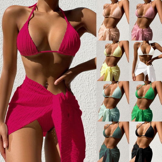 Bikini 3pcs Halterneck Swimsuit Set Beach Solid Color Sexy Backless Bikini With Mesh Skirt Summer Womens Clothing
