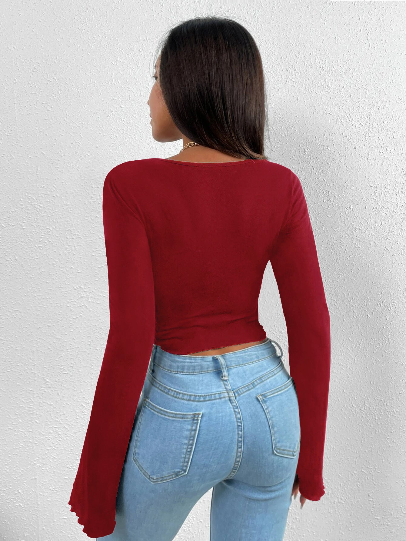 V-neck Flared Sleeves Waist Trimming Knitted Long Sleeve T-shirt