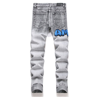 European And American Street Youth Slim Stretch Hole Patch Embroidery Grey Skinny Pants