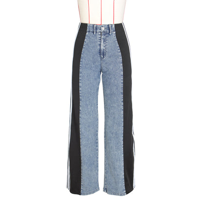 2024 Fashion Casual High Waist Elastic Straight Leg Trousers Three Stripe Patchwork Denim Wide Leg Pants Streetwear