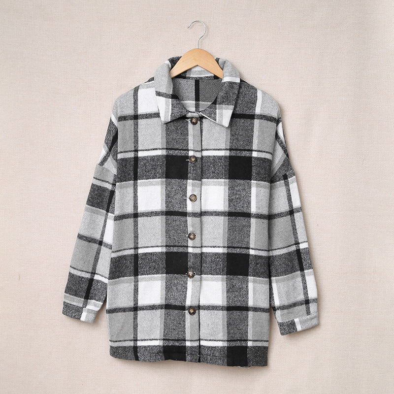 Women's Long-sleeved Lapel Button-breasted Plaid Shirt Jacket