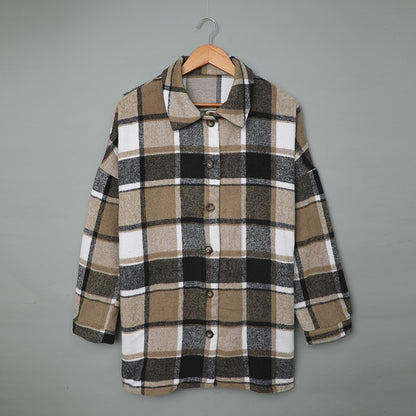 Women's Long-sleeved Lapel Button-breasted Plaid Shirt Jacket