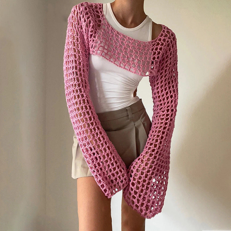 Solid Color Round Neck Long Sleeve Knitted Blouse