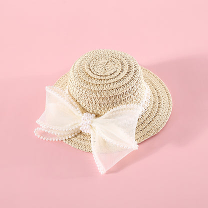 Pet Cat Lady Straw Hat Pearl Bow Woven