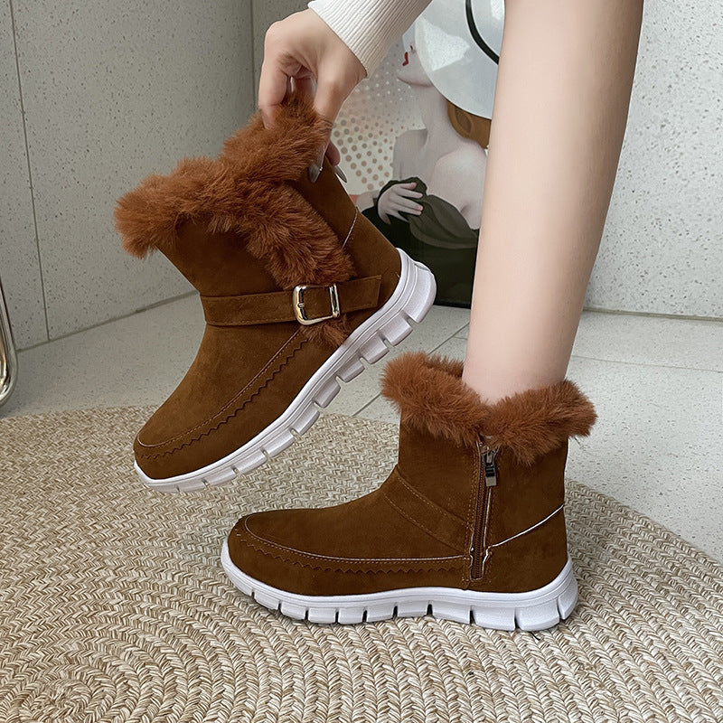 Snow Boots Winter Warm Thickened Solid Color Plush Ankle Boots With Buckle Design Plus Velvet Flat Shoes For Women