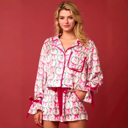 Christmas Pajama Set Santa Tree Print Lapel Neck Button-up Long Sleeve Tops Shorts Loungewear Outfit