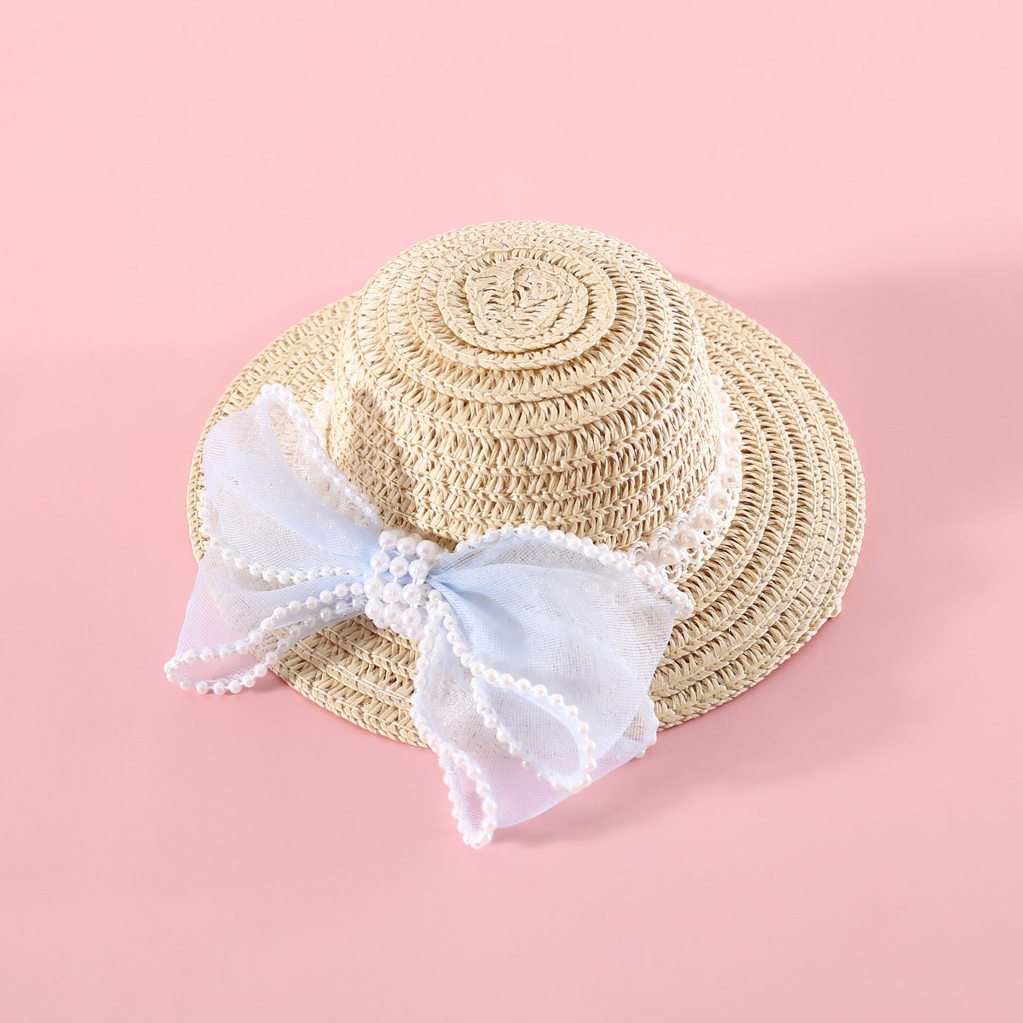 Pet Cat Lady Straw Hat Pearl Bow Woven