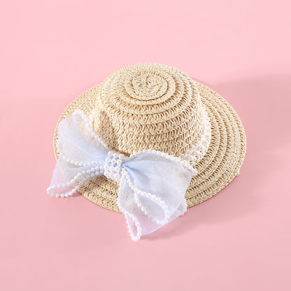 Pet Cat Lady Straw Hat Pearl Bow Woven