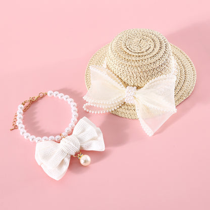 Pet Cat Lady Straw Hat Pearl Bow Woven