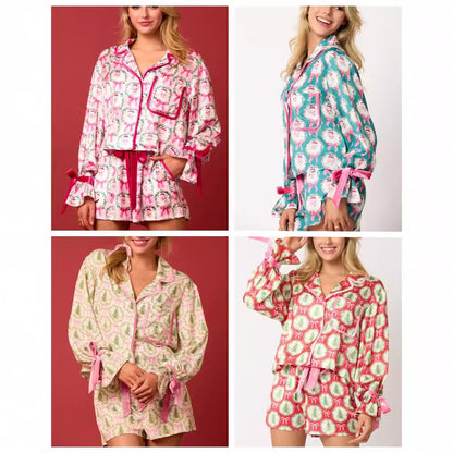 Christmas Pajama Set Santa Tree Print Lapel Neck Button-up Long Sleeve Tops Shorts Loungewear Outfit