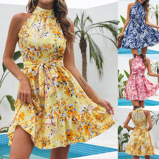 New Flowers Print Halterneck Dress Summer Fashion Temperament Lace-up Ruffled Dresses For Women - Online Shop AU.com