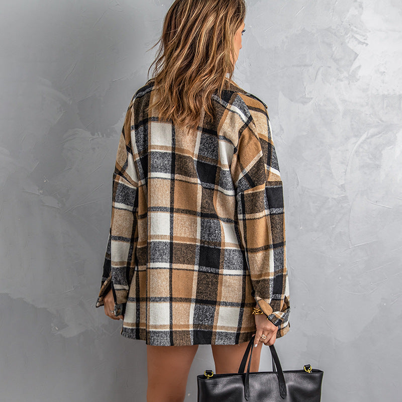 Women's Long-sleeved Lapel Button-breasted Plaid Shirt Jacket