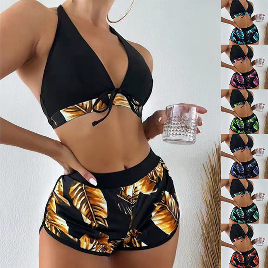3pcs Leaf Print Bikini With Shorts Fashion Summer Beach Spandex Swimsuit Womens Clothing