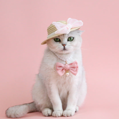 Pet Cat Lady Straw Hat Pearl Bow Woven