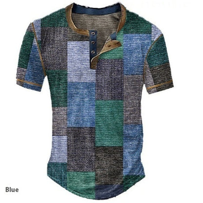 Men's Clothing Graphic Plaid Color Block Printed Men's Waffle Henley Shirt Short Sleeve