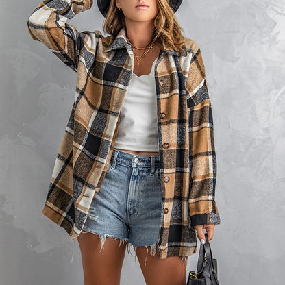 Women's Long-sleeved Lapel Button-breasted Plaid Shirt Jacket