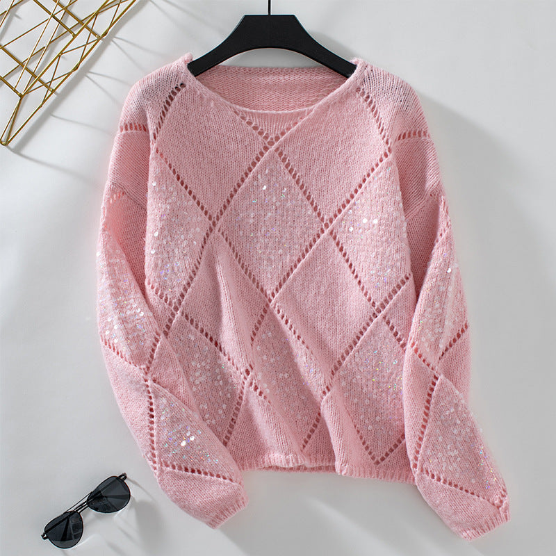 Fashion Hollowed-out Sequinned Knitted Rhombus Pullover Loose Sweater For Women