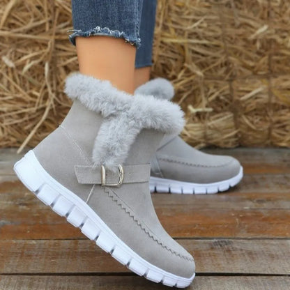 Snow Boots Winter Warm Thickened Solid Color Plush Ankle Boots With Buckle Design Plus Velvet Flat Shoes For Women