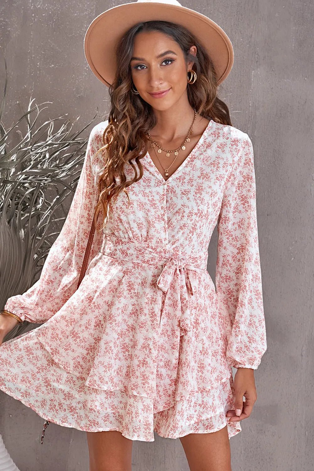 Floral Surplice Balloon Sleeve Layered Dress - Online Shop AU.com - Trendsi