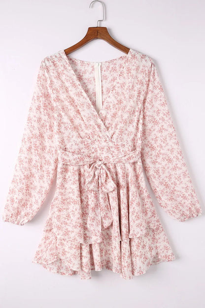 Floral Surplice Balloon Sleeve Layered Dress - Online Shop AU.com - Trendsi