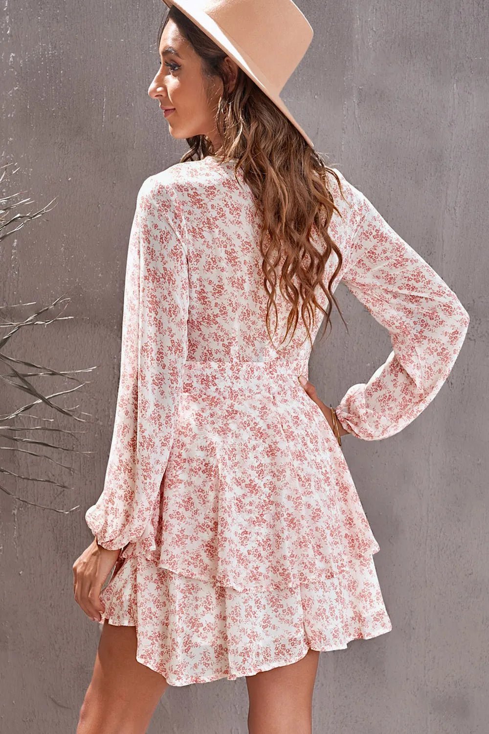 Floral Surplice Balloon Sleeve Layered Dress - Online Shop AU.com - Trendsi