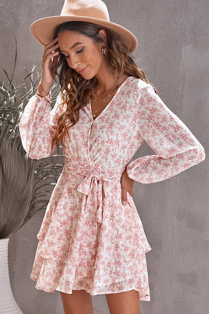 Floral Surplice Balloon Sleeve Layered Dress - Online Shop AU.com - Trendsi