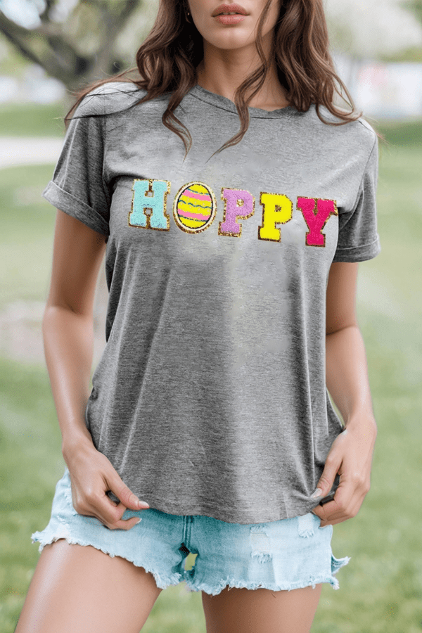 HOPPY Chenille Patch Round Neck Short Sleeve T-Shirt - Online Shop AU.com - OnlineShopAU.com