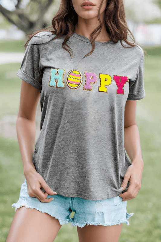 HOPPY Chenille Patch Round Neck Short Sleeve T-Shirt - Online Shop AU.com - OnlineShopAU.com