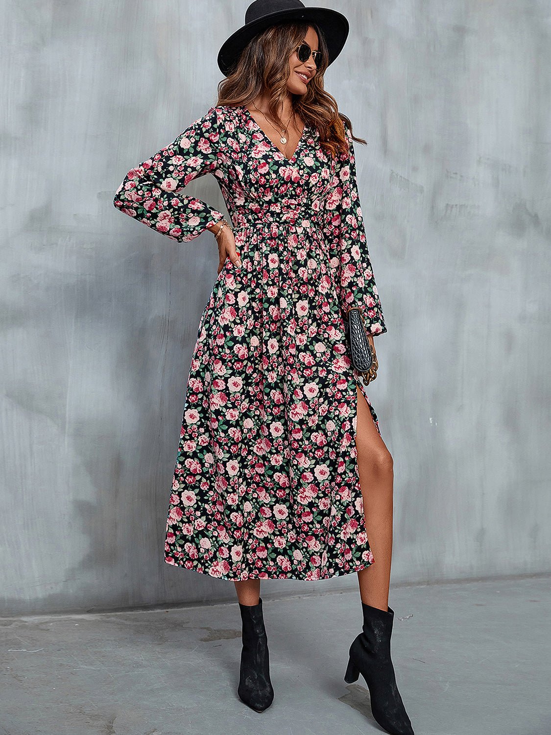 Perfee Floral V - Neck Slit Midi Dress - Online Shop AU.com - OnlineShopAU.com