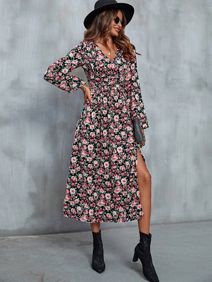 Perfee Floral V - Neck Slit Midi Dress - Online Shop AU.com - OnlineShopAU.com