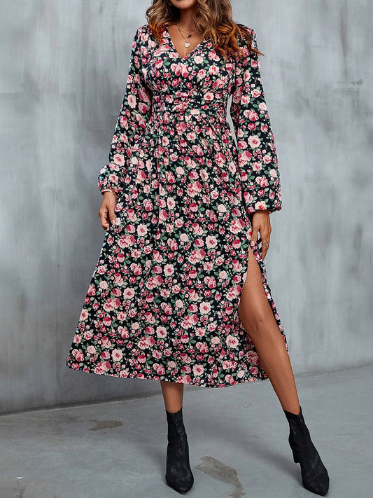 Perfee Floral V - Neck Slit Midi Dress - Online Shop AU.com - OnlineShopAU.com