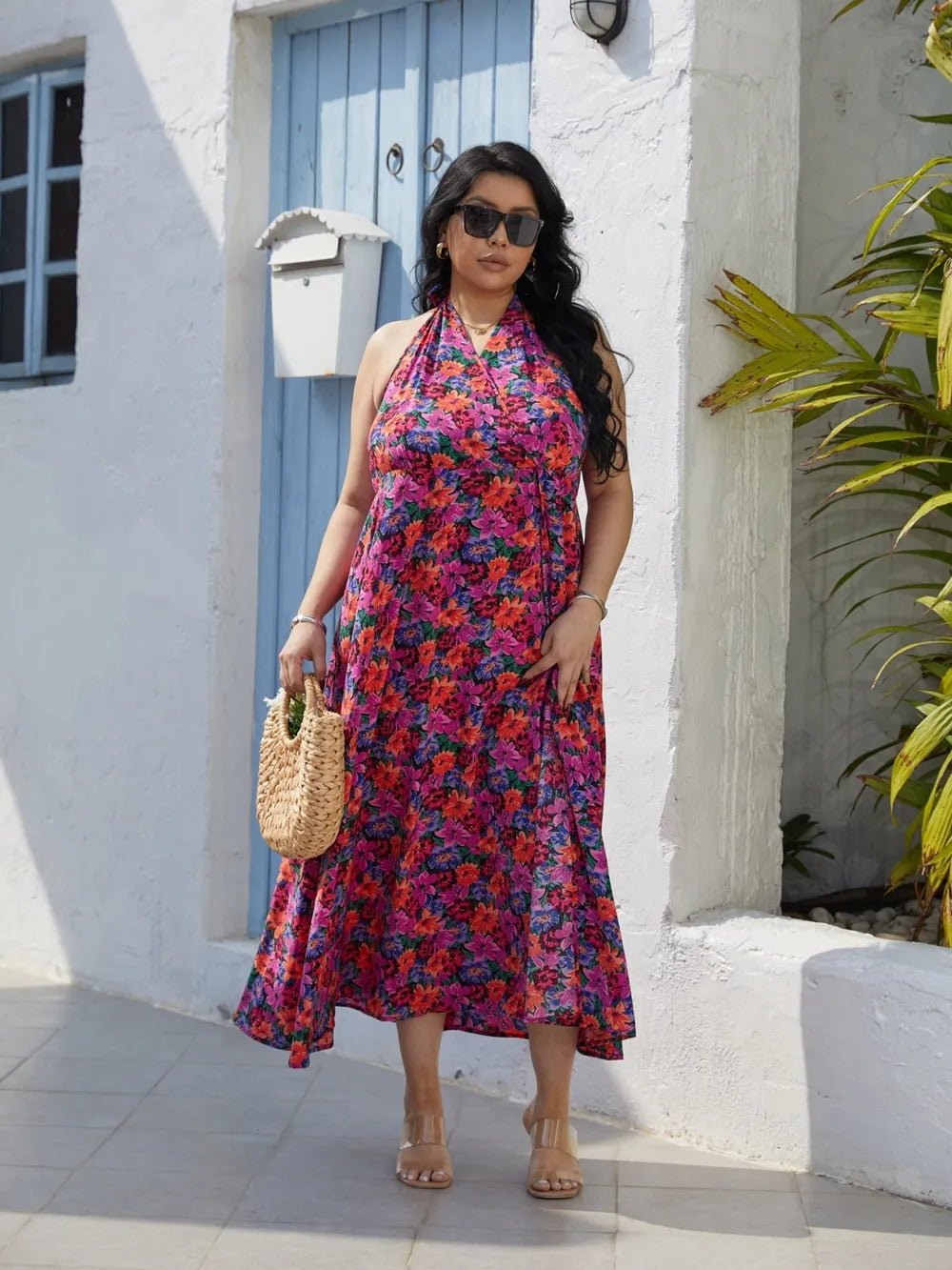 Plus Size Slit Floral Halter Neck Dress - Online Shop AU.com - Trendsi